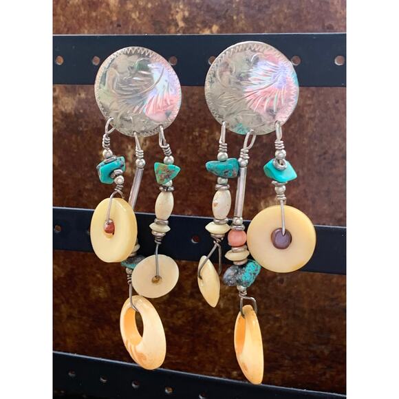 Native Sterling Silver, Bone and Stone Dangle Earrings Vintage - Picture 1 of 5